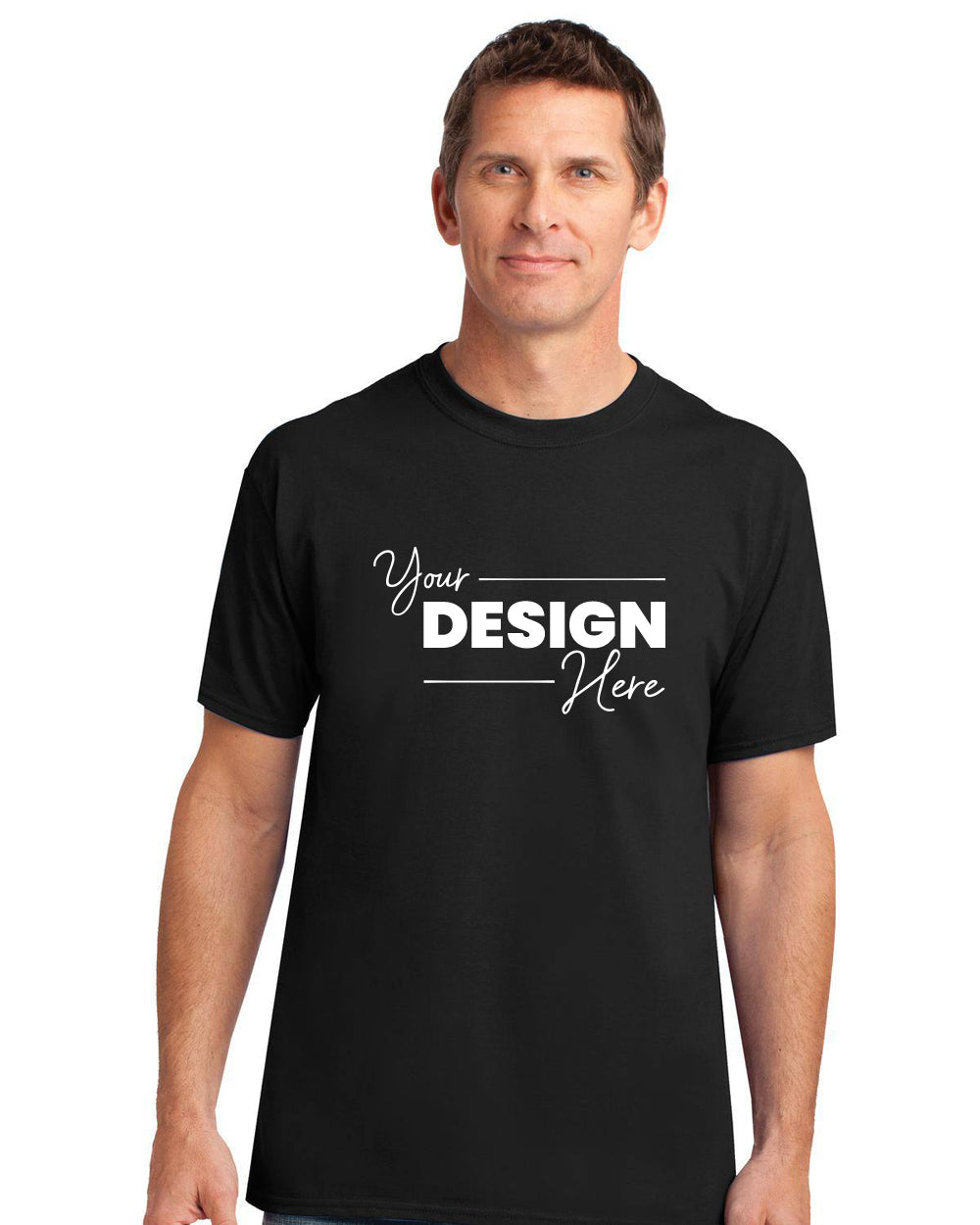 Man in a Gildan Gildan Performance T-Shirt 42000, black polyester jersey knit, with "Your Design Here" in white text.