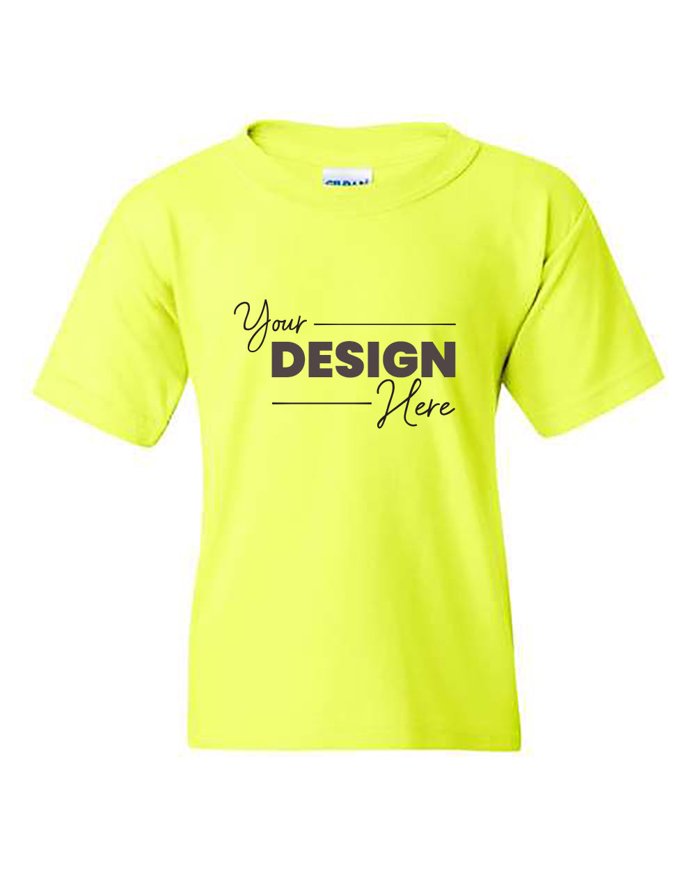 Gildan Heavy Cotton Youth Safety T-Shirt in bright yellow, featuring "Your Design Here" printed in black text on the front, by Gildan for lasting comfort.