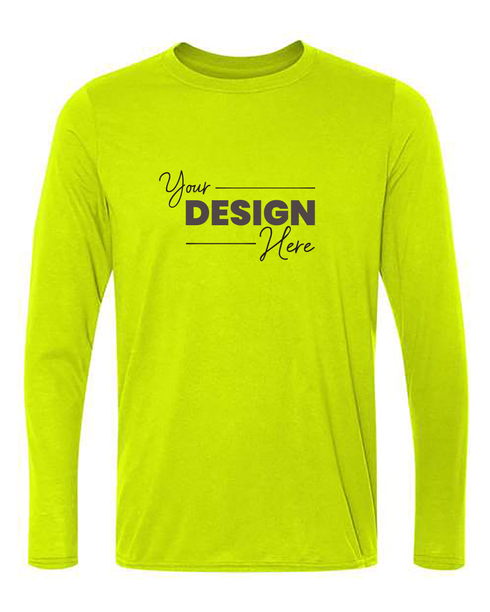 Bright green Gildan Performance Long Sleeve Safety T-Shirt with the text "Your Design Here" in black letters on the chest. This customizable t-shirt features moisture-wicking fabric perfect for staying cool and dry.