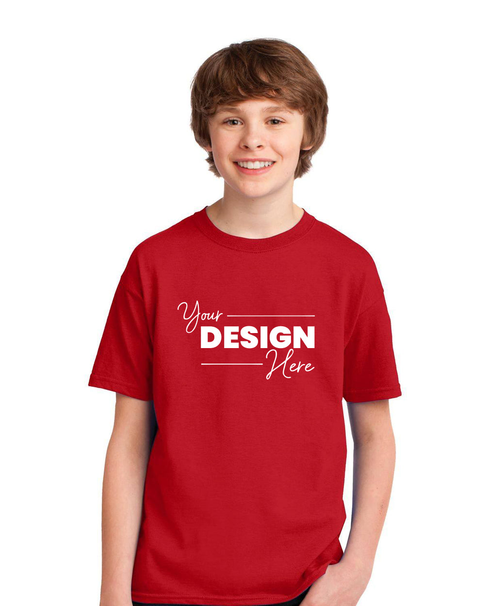 A person wearing a red Gildan Youth Performance T-Shirt 42000B that reads "Your Design Here" stands against a white background.