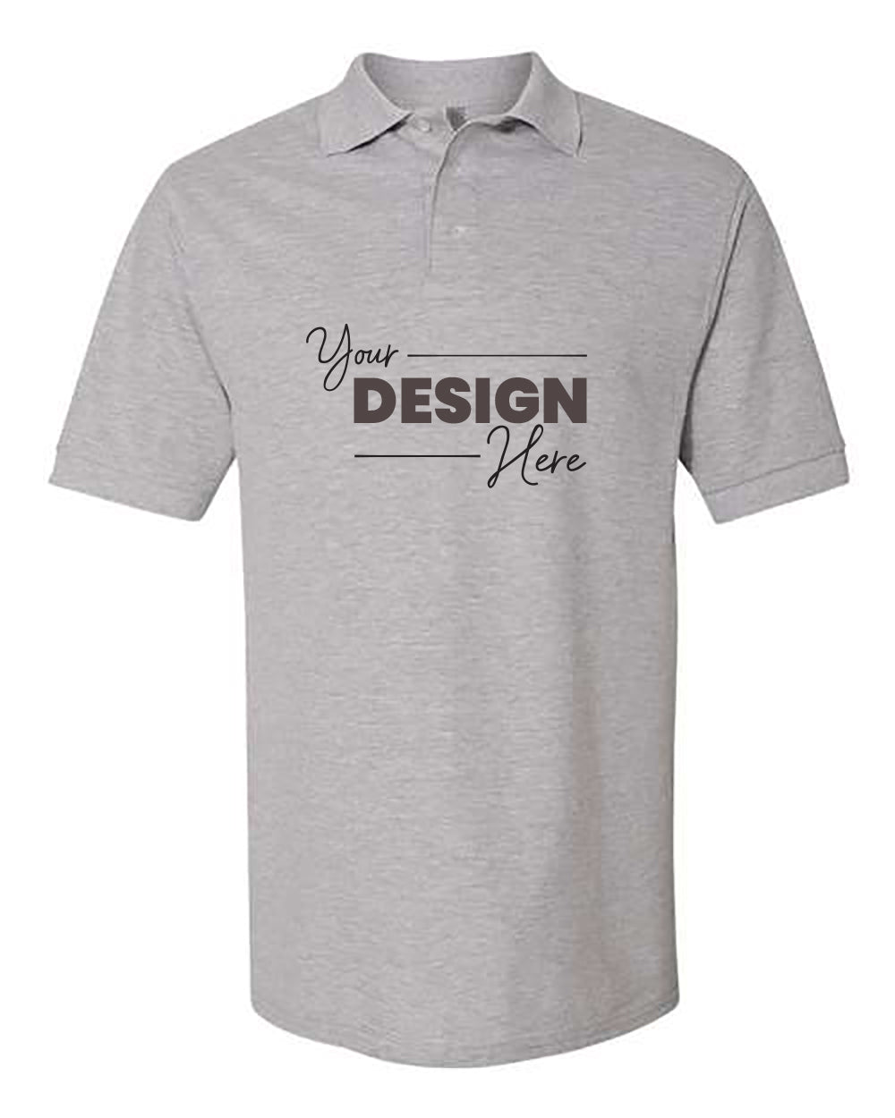 The Jerzees 100% Ringspun Cotton Pique Polo by JERZEES is a gray short-sleeve shirt with a collar and three buttons. It features the text "Your Design Here" in black across the chest. Made from 100% ringspun cotton, this polo is perfect for bulk custom embroidered business apparel needs.