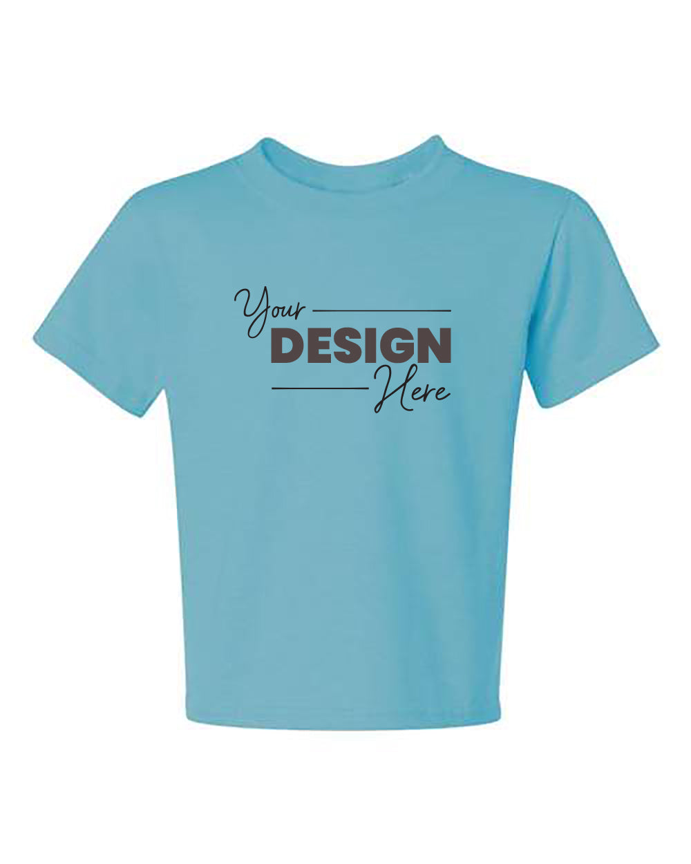 The Jerzees Dri-Power Youth 50/50 T-Shirt by JERZEES is a light blue shirt featuring the phrase "Your Design Here" printed in black ink on the front, made from a comfortable 50/50 cotton/polyester blend. Ideal for customized t-shirts.