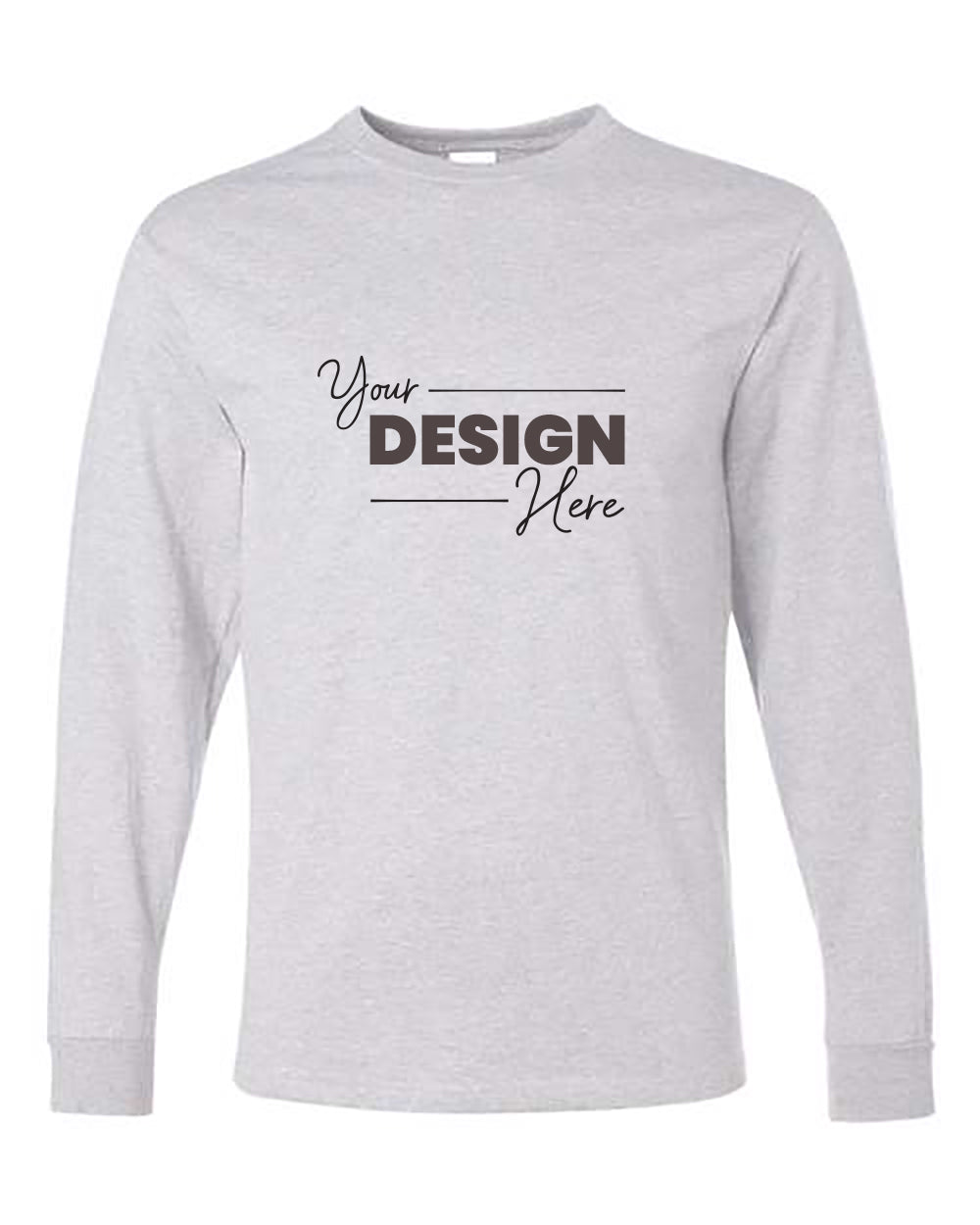 Jerzees Midweight Dri-Power Long Sleeve 50/50 T-Shirt by JERZEES in gray, featuring the text "Your Design Here" in a combination of black and bold font on the front.