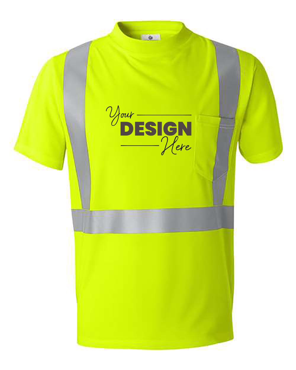 The Kishigo High Performance Microfiber Safety T-Shirt by Kishigo is a bright yellow high-visibility safety apparel with reflective stripes and a pocket on the left side of the chest, featuring "Your Design Here" printed on the front. This ANSI 107 compliant shirt includes moisture-wicking technology to keep you cool and dry.