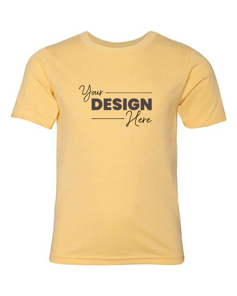 A plain yellow Next Level Youth Blend CVC T-Shirt with "Your Design Here" printed in stylized text on the front, made from a comfortable cotton-polyester blend.