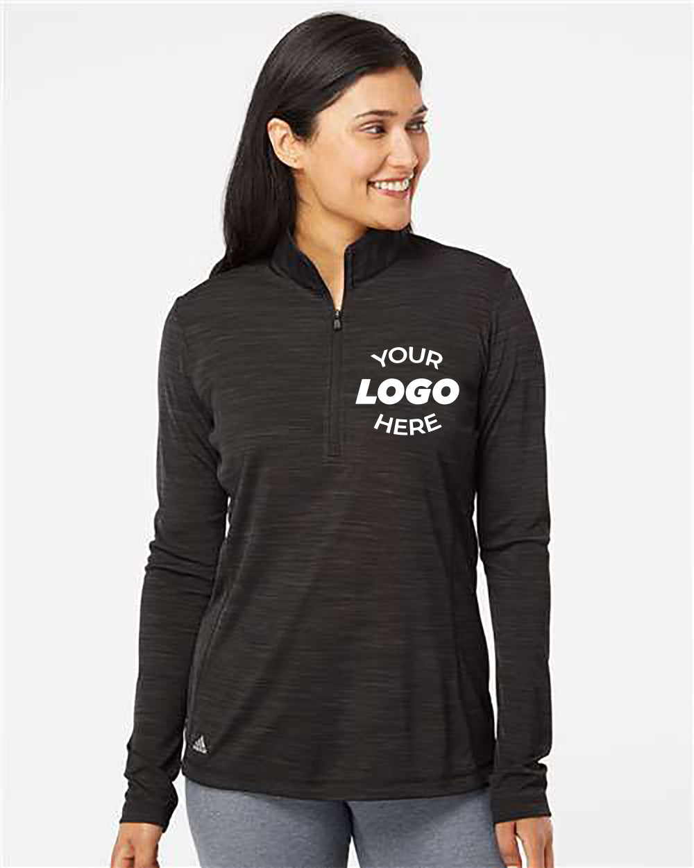 A woman in an Adidas Women's Lightweight Melange Quarter-Zip Pullover.