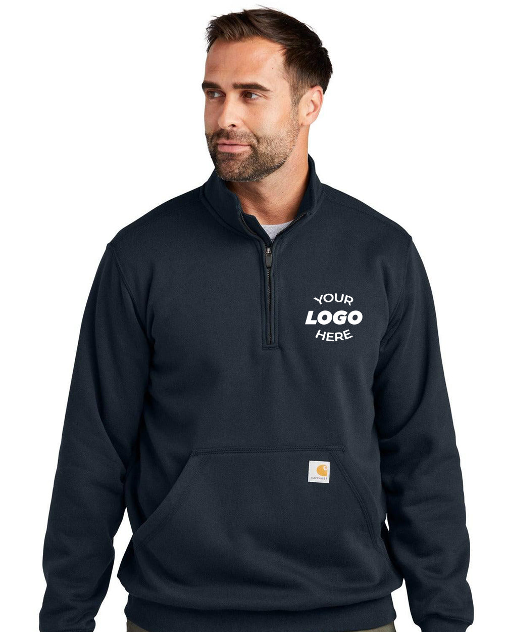 A man wearing a Carhartt Midweight 1/4-Zip Mock Neck Sweatshirt CT105294 in black, featuring "Your Logo Here" on the chest, a front pocket, and mock neck collar, ideal for durable outerwear.