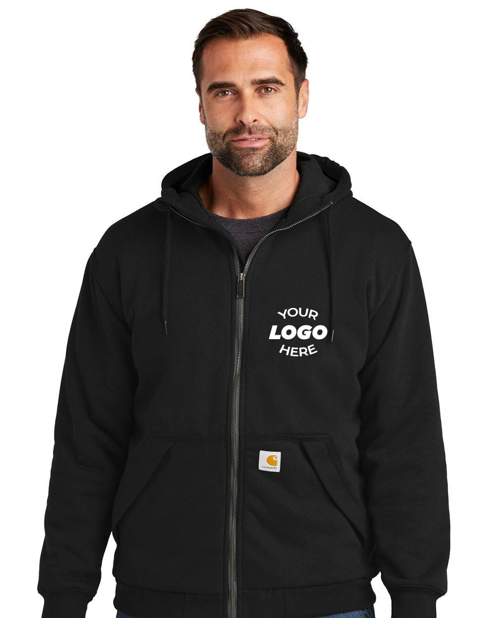 A person wearing a Carhartt Midweight Thermal-Lined Full-Zip Sweatshirt (CT104078) in black stands against a white background, highlighting its durable construction.