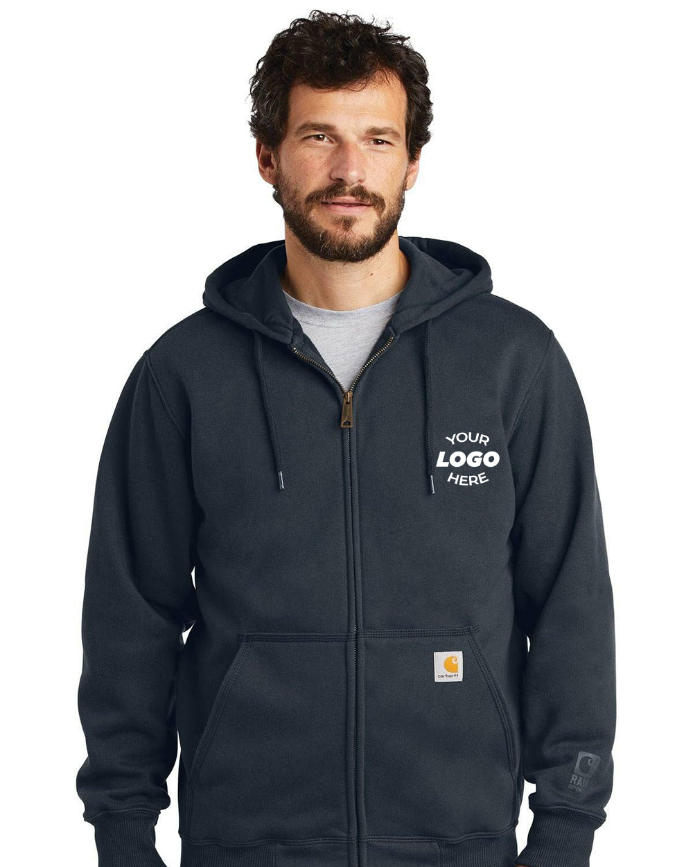 Man wearing a Carhartt Rain Defender Paxton Heavyweight Zip-Front Hoodie (CT100614) with "Your Logo Here" on the left chest, standing against a white background.