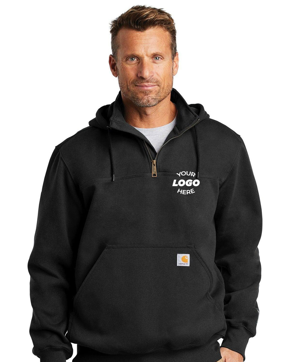 Man wearing a Carhartt Rain Defender Paxton Heavyweight Zip Hoodie Sweatshirt (CT100617) with a front pocket and "Your Logo Here" on the left chest, featuring a water-repellent finish for extra protection.
