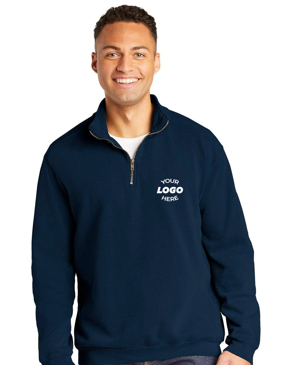 A person wearing a dark Comfort Colors Ring Spun 1/4-Zip Pullover 1580, customizable with "Your Logo Here" text on the left chest, made from luxurious ring spun cotton.