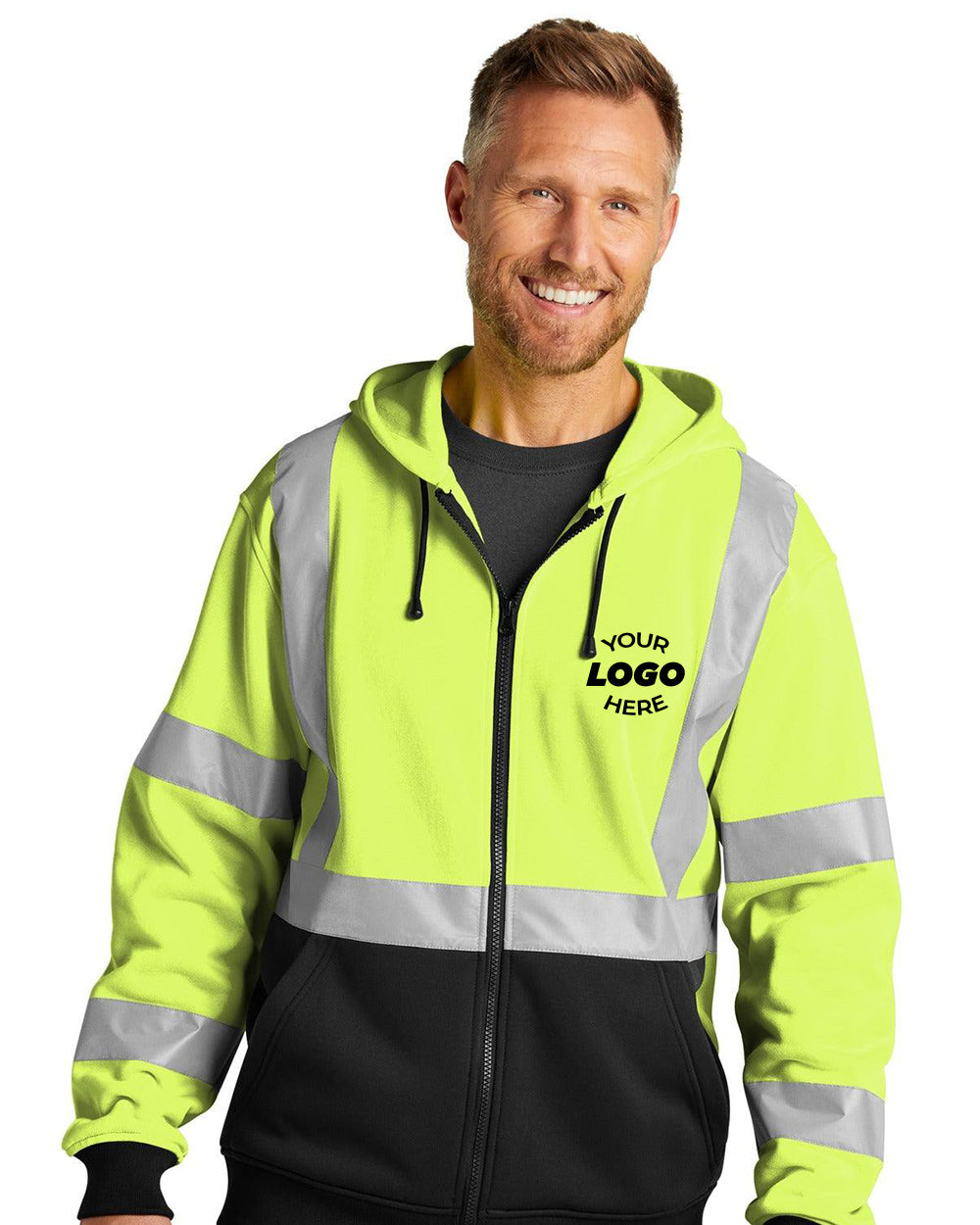 A man wearing the CornerStone A107 Class 3 CSF300 Heavy-Duty Fleece Full-Zip Safety Hoodie in yellow/black with reflective stripes and "YOUR LOGO HERE" on the chest, designed to meet ANSI 107 high-visibility standards.