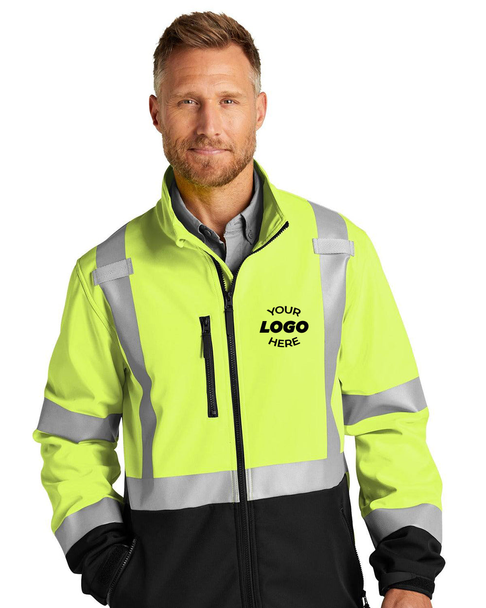 A man wears the CornerStone ANSI 107 Class 3 Soft Shell Safety Jacket CSJ503—a yellow and black high-visibility jacket with reflective tape, breathable film for comfort, and a chest area for a custom logo.