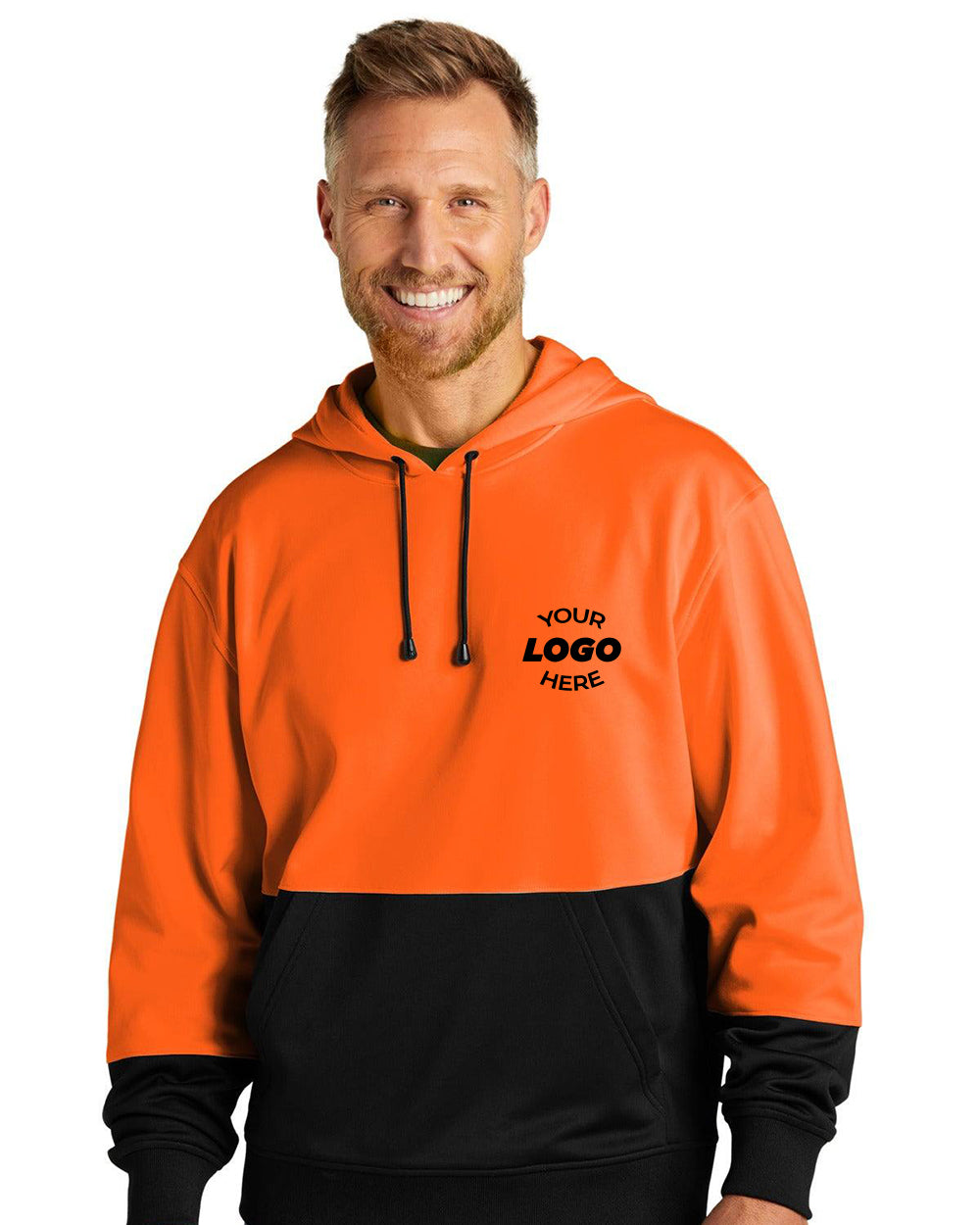 A man smiles wearing the CornerStone Enhanced Visibility Fleece Pullover Hoodie CSF01, featuring orange and black polyester fleece with "Your Logo Here" on the front.