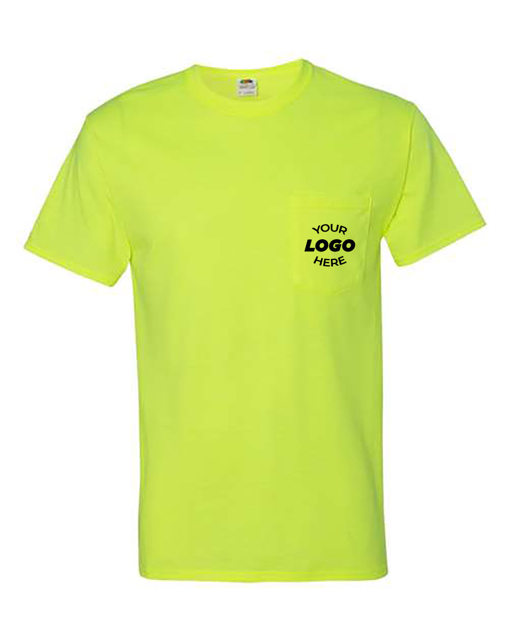 Introducing the Fruit of the Loom HD Cotton Safety T-Shirt with a Pocket in bright yellow. This custom workwear features "YOUR LOGO HERE" in black letters above the left-side pocket. Made from durable cotton, this versatile T-shirt from Fruit of the Loom is perfect for any occasion.