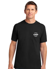 A person is wearing a Gildan Performance T-Shirt 42000 by Gildan, featuring a plain black design made of moisture-wicking polyester jersey knit with 