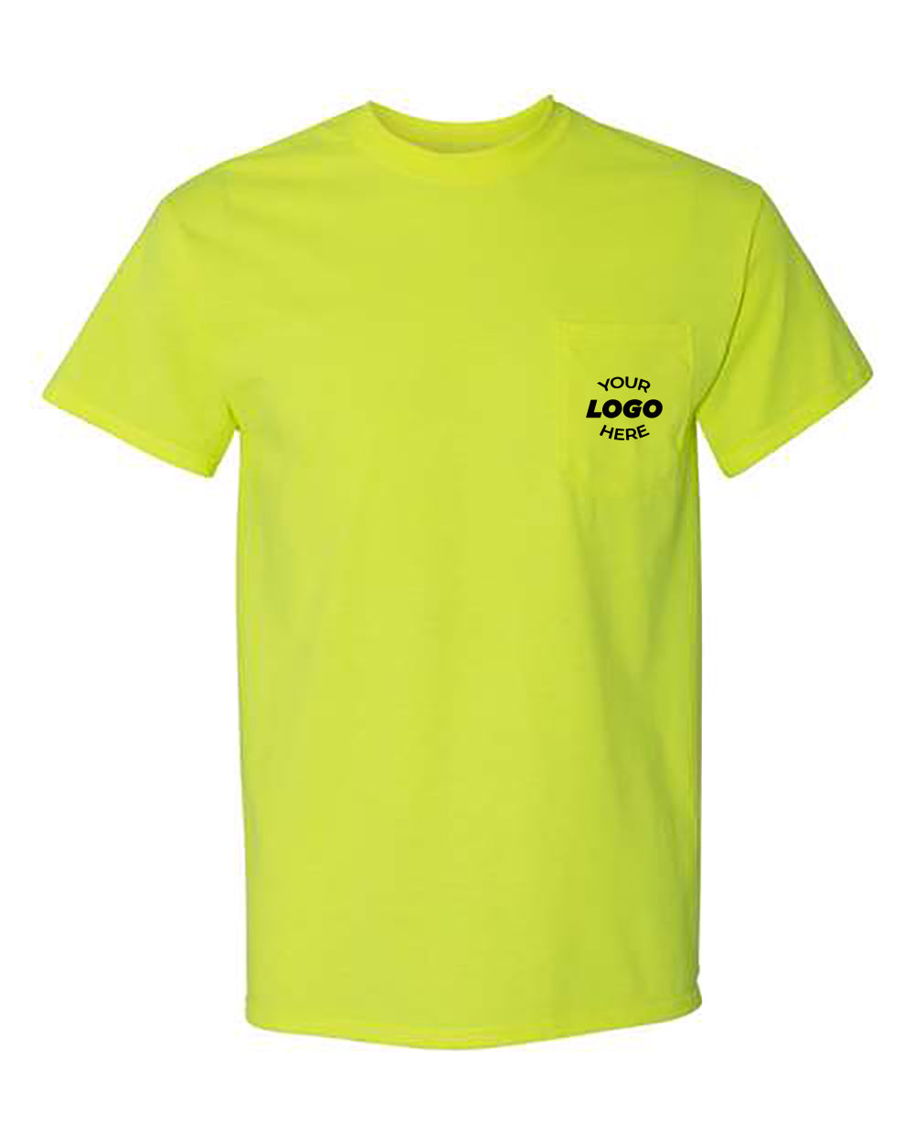 A Gildan Heavy Cotton Pocket T-Shirt Safety in plain yellow, featuring the text "YOUR LOGO HERE" on the front pocket. Ideal for those seeking Bulk Customized T-Shirts, this Gildan tee ensures both comfort and quality.