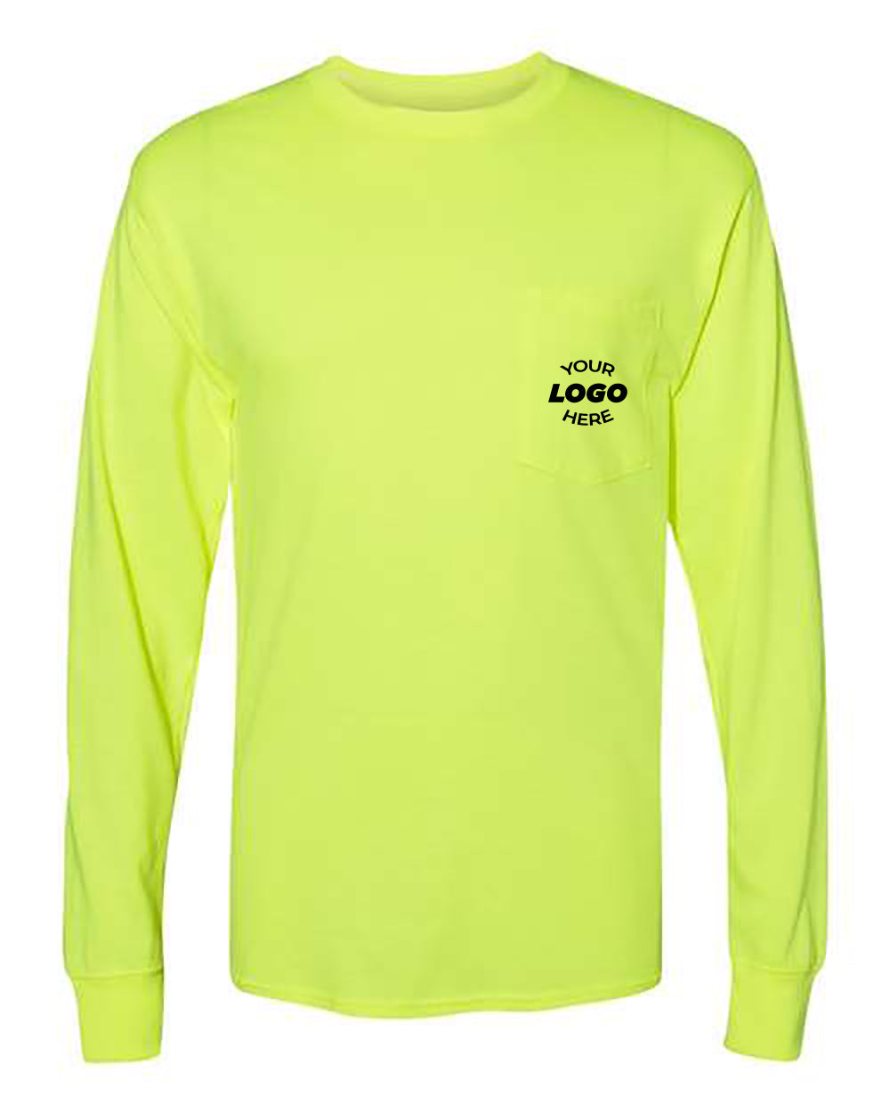Bright yellow Hanes Workwear Long Sleeve Pocket Safety T-Shirt with "Your Logo Here" text on the left chest, perfect for customized workwear. Ideal for bulk Hanes orders.