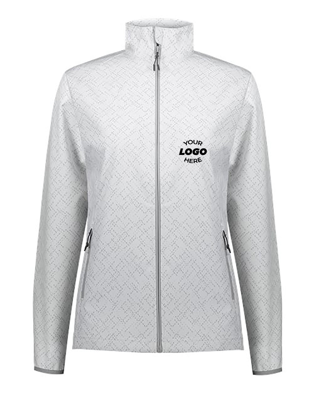 Introducing the Holloway Women's Featherlight Softshell Jacket by Holloway. This gray, full-zip jacket features a high collar and front pockets, crafted from lightweight fabric. "Your Logo Here" is printed on the left chest area, making it ideal as custom workwear that offers both style and functionality.