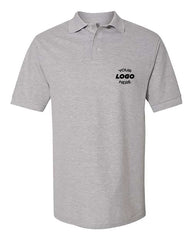 The JERZEES Jerzees 100% Ringspun Cotton Pique Polo is a grey, short-sleeved polo shirt with a collar and three buttons. It features the text 