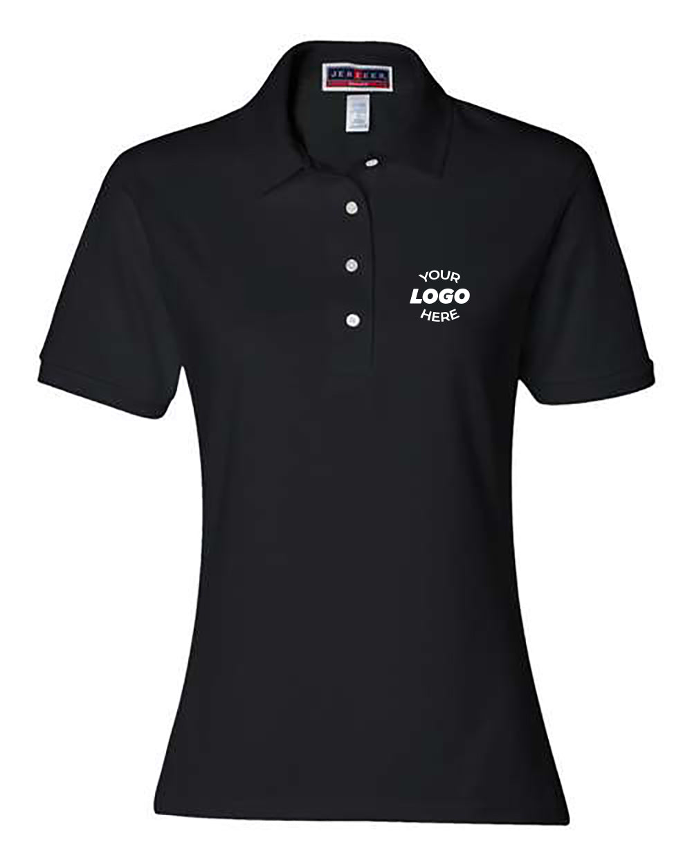 The JERZEES Women's Semi-Fitted Polo SpotShield 50/50 in black features a collared design with a three-button placket and short sleeves. "YOUR LOGO HERE" is printed in white on the left chest area, and the SpotShield technology ensures you look sharp all day long.