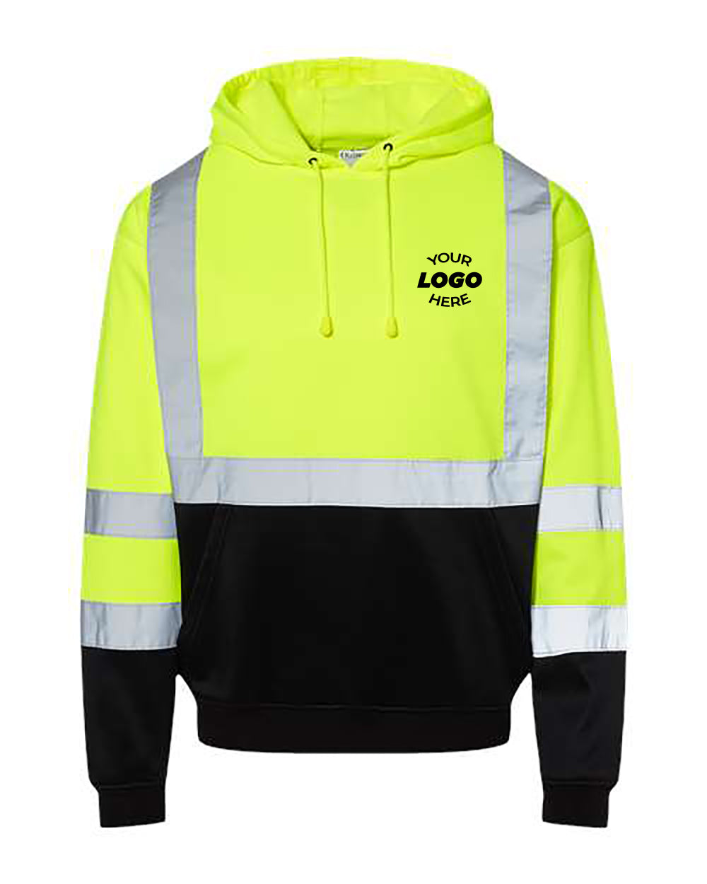 The Kishigo Hi-Vis Hoodie Safety Sweatshirt by Kishigo features a vibrant reflective stripe design, complete with a hood, front pocket, and "Your Logo Here" printed on the chest. The upper half is neon yellow and the lower half is black, ensuring ANSI 107 compliance for added safety.