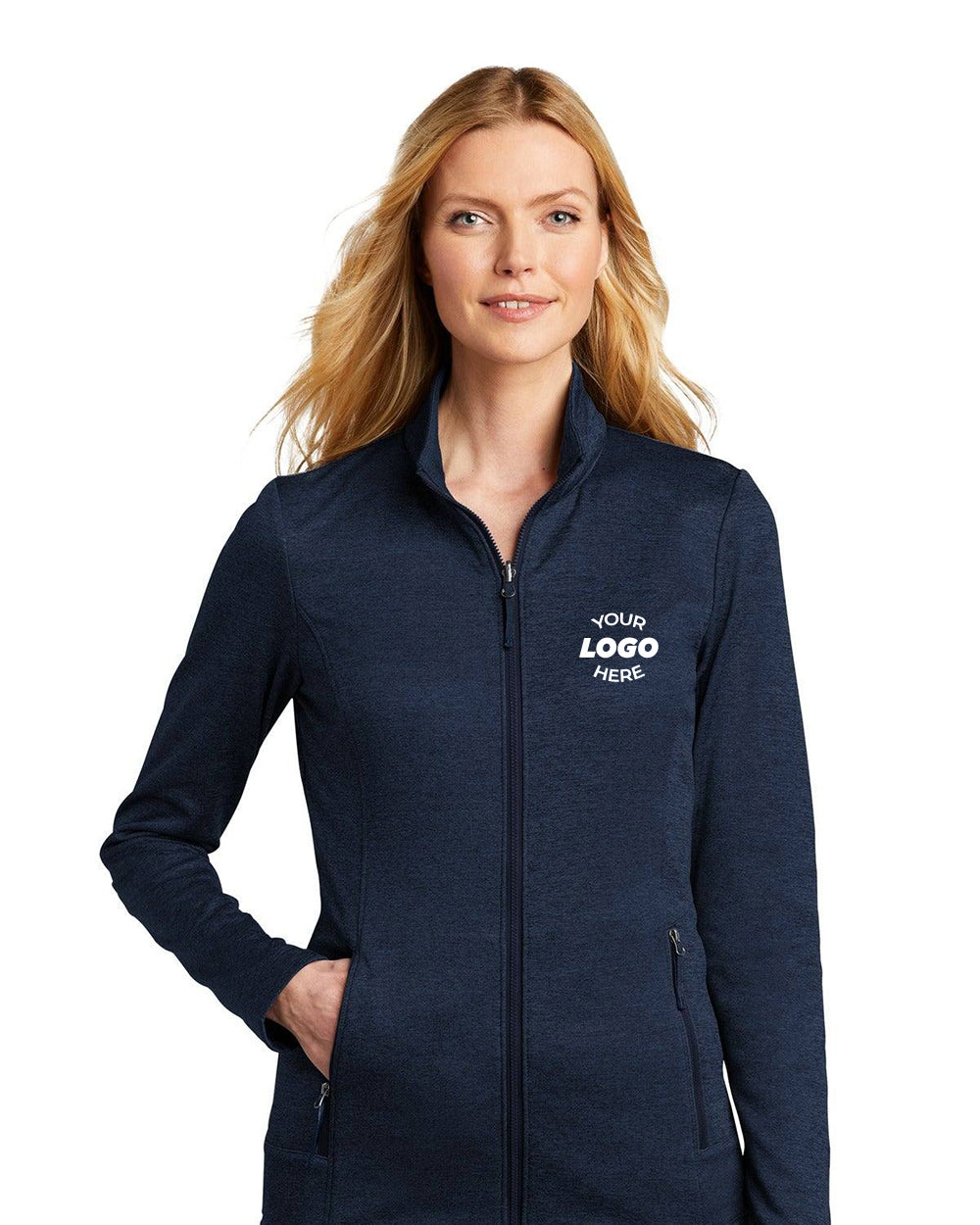 A person wears the Port Authority Ladies Collective Striated Fleece Jacket L905, featuring a "Your Logo Here" design on the left side, creating a professional look.