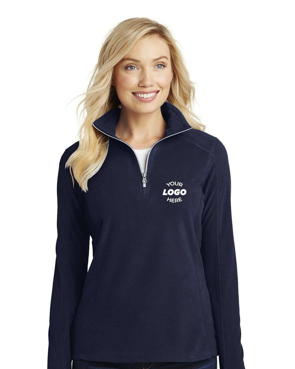 A woman smiles in the Port Authority Ladies Microfleece 1/2-Zip Pullover L224 with "YOUR LOGO HERE" on the left chest—a customizable, flattering Port Authority piece perfect for branded apparel.