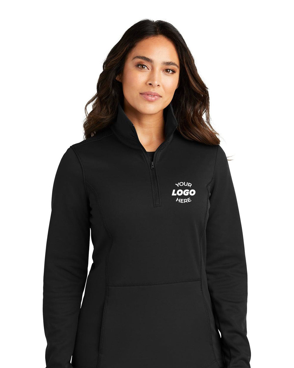 A woman stands confidently against a white background in a stylish, sleek black Port Authority Ladies Smooth Fleece 1/4-Zip Pullover L804 with "Your Logo Here" on the chest.