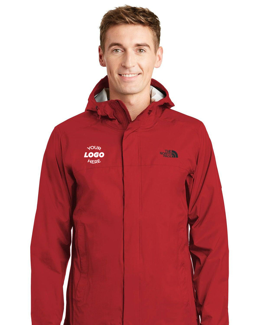 A man in a red The North Face DryVent Rain Jacket (model NF0A3LH4) with a "YOUR LOGO HERE" placeholder on the left chest stands facing forward.