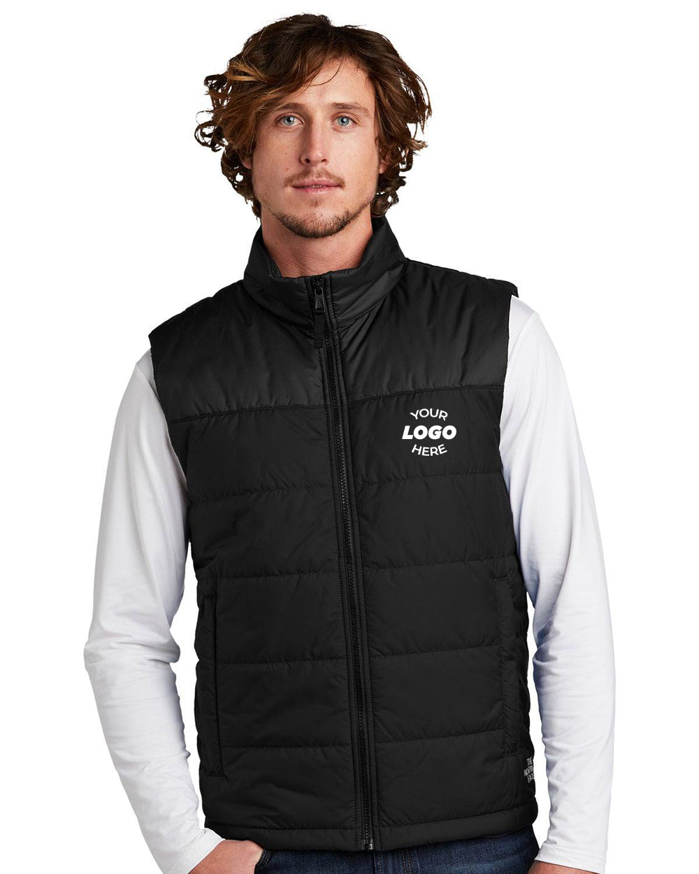 A man wearing The North Face Everyday Insulated Vest (NF0A529A), a black, water-repellent, windproof vest made from recycled polyester with "Your Logo Here" on the left chest, over a white long-sleeve shirt.