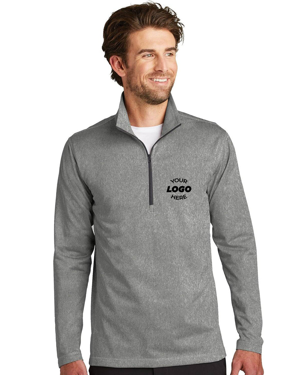 Man wearing a light gray The North Face Tech 1/4-Zip Fleece Pullover (NF0A3LHB) with "Your Logo Here" on the left chest, standing and looking to the side. Made from cozy polyester fleece for all-day comfort.