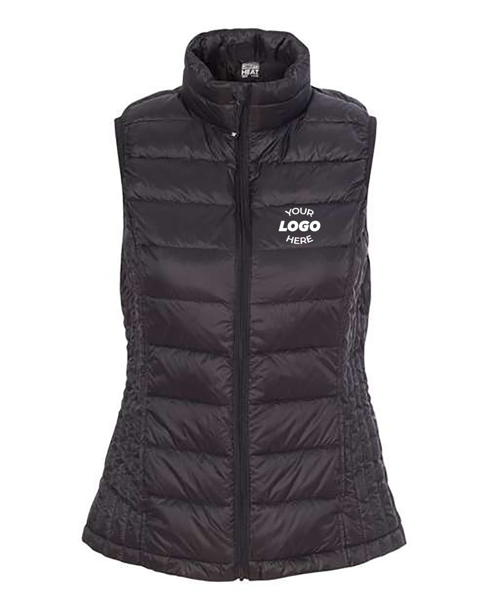 Weatherproof Women's 32 Degrees Packable Down Vest by Weatherproof, featuring a sleek black quilted design with a front zipper and customizable "Your Logo Here" text on the left chest area. This stylish vest is perfect for personalized branding.