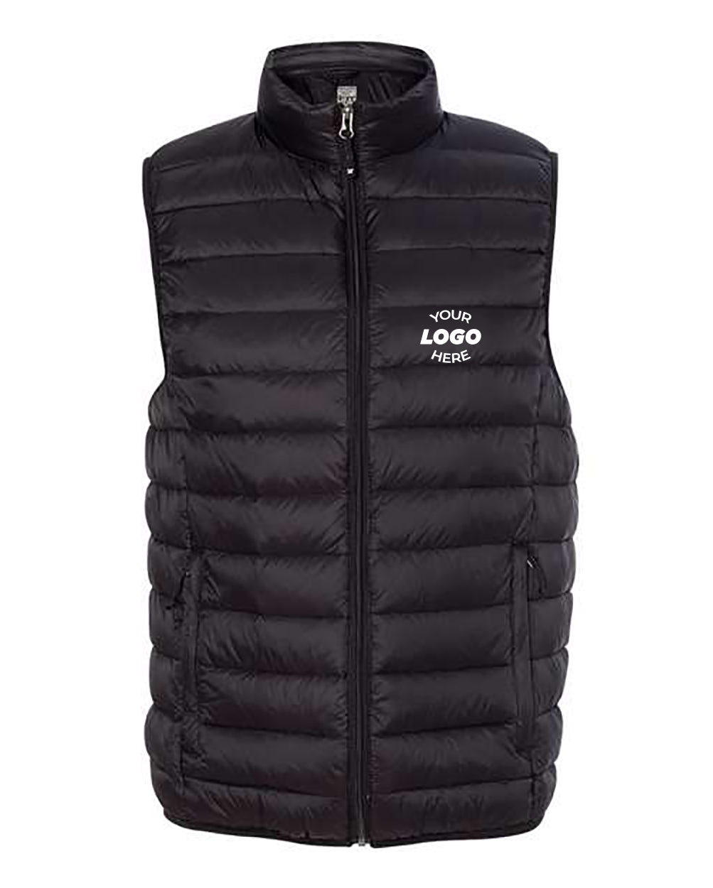 A black Weatherproof 32 Degrees Packable Down Vest with a high collar and front zip closure. The left chest area features a customizable "Your Logo Here" placeholder, making it the perfect personalized weatherproof vest.