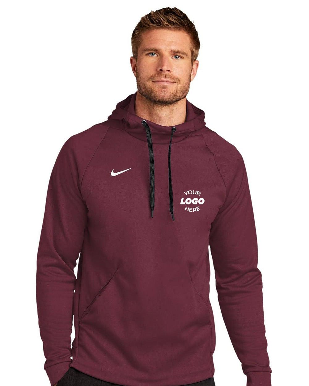A man wearing a maroon Nike Therma-FIT Pullover Fleece Hoodie Sweatshirt CN9473 with a blank space on the chest for a custom logo.