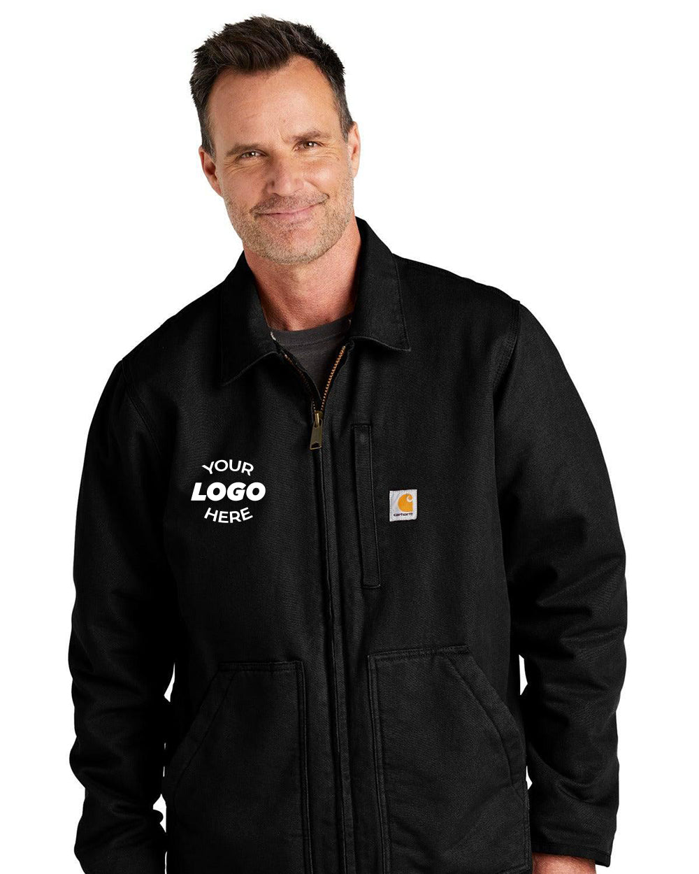 A man in a Carhartt Sherpa-Lined Coat CT104293, crafted from durable cotton duck fabric, stands against a white background. The black jacket features a blank space for a logo and a small label, blending style with practicality.