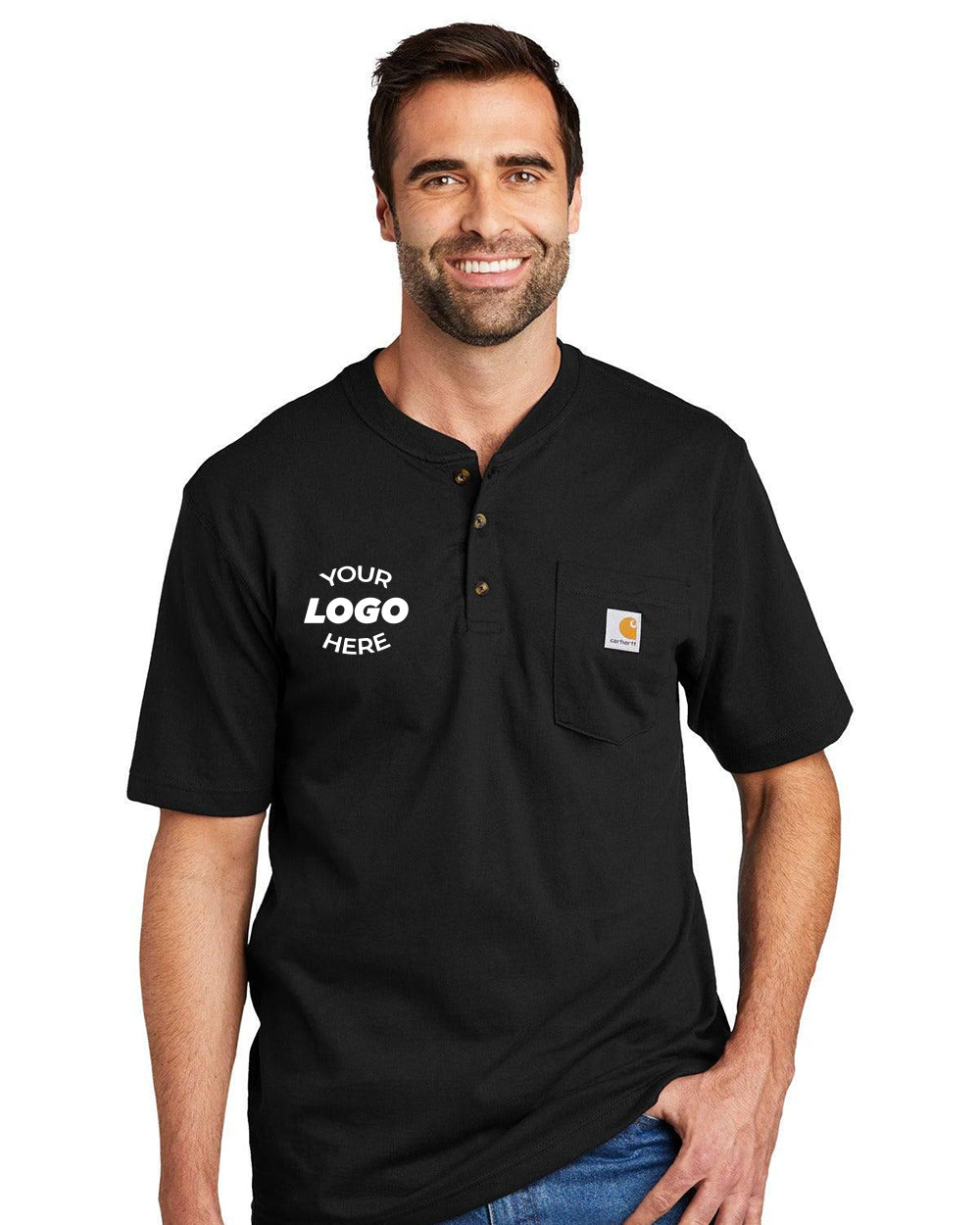 Man wears a black Carhartt Short Sleeve Henley T-Shirt (CTK84), relaxed fit, with a left chest pocket and "Your Logo Here" text, made from heavyweight cotton jersey.