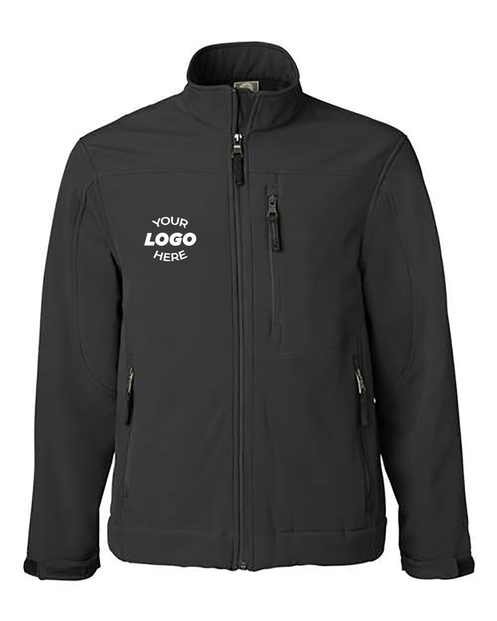 Columbia Weatherproof Midweight Soft Shell Jacket in black, featuring a high collar and customizable text "YOUR LOGO HERE" on the left chest. This Columbia jacket includes two side pockets and one chest pocket, making it perfect for workwear or outdoor activities.