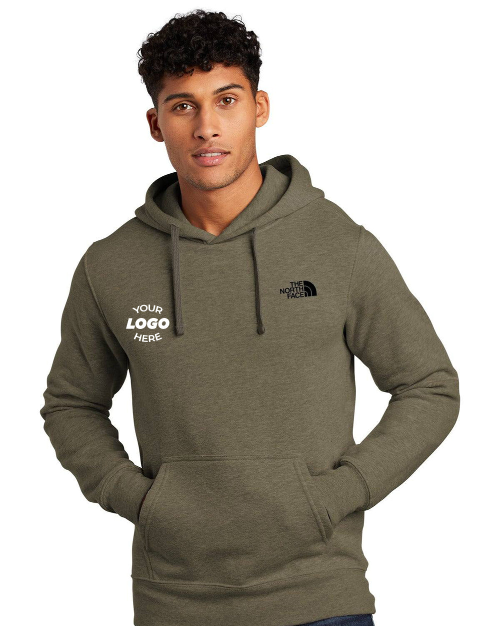 A man wears a LIMITED EDITION The North Face Chest Logo Pullover Hoodie Sweatshirt (NF0A7V9B), olive green, with "YOUR LOGO HERE" on the left chest and The North Face logo on the right chest.