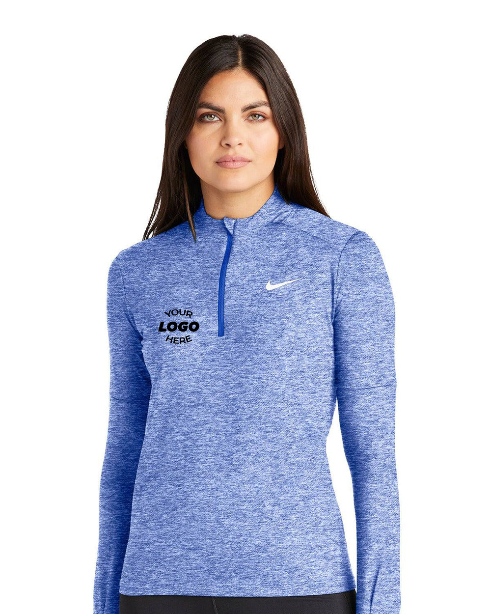 A woman is wearing a blue heather Nike Ladies Dri-FIT Element 1/2-Zip Pullover NKDH4951 with "Your Logo Here" on the chest, standing against a white background and enjoying the comfort of its sweat-wicking fabric.