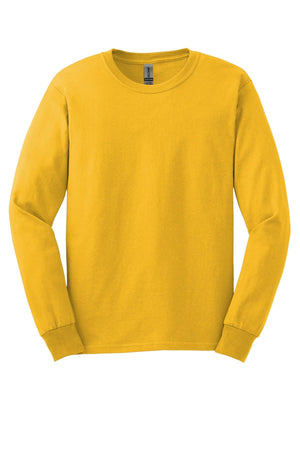 The Gildan 100% US Cotton Long Sleeve T-Shirt 2400 (Pack of 36) features a solid yellow, crew-neck design with custom screen printed logo included, shown on a white background.