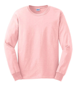 A light pink Gildan long-sleeve crew neck shirt, made from 100% US cotton, is shown on a white background. This is a pack of 36 Gildan 2400 shirts with custom screen printed logos included.