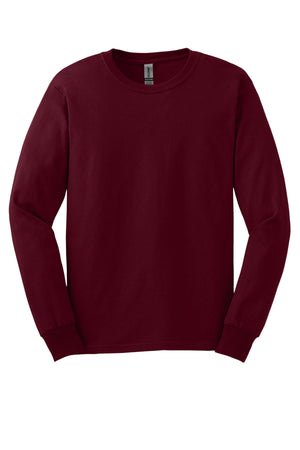A (Pack of 36) Gildan 2400 long-sleeve maroon t-shirts, made from 100% US cotton with custom screen-printed logo, is shown against a white background.