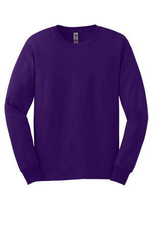 A pack of 36 Gildan 2400 long-sleeve crew neck shirts in solid purple, made from 100% US cotton, with custom screen printed logo, shown laid flat on a white background.