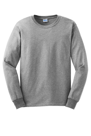Displayed is a pack of 36 Gildan 2400 long sleeve T-shirts, made from 100% US cotton in gray, featuring custom screen printed logos—ideal for those needing quality bulk Gildan shirts.