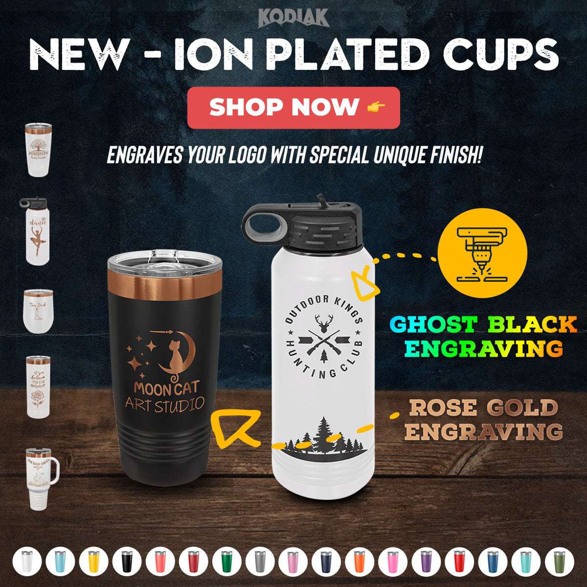 Check out the ad for Kodiak Coolers' NEW ION Plated Tumblers, available with custom engraving in "Ghost Black & Rose Gold." These personalized drinkware items make excellent promotional gifts and can be customized with your business logo. Click "Shop Now," and discover a variety of tumbler designs featured at the bottom.