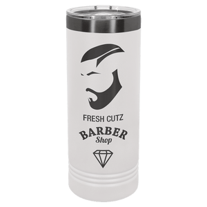 Introducing the NEW Kodiak Coolers ION Plated Tumbler, a white insulated drinkware piece customized with a barber shop logo featuring a bearded face silhouette and diamond icon, perfectly crafted for promotional gifts with its unique "Ghost Black & Rose Gold" engraving.
