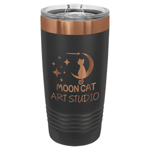Introducing the NEW ION Plated Tumbler by Kodiak Coolers—a sleek black travel tumbler perfect for custom mug enthusiasts. This drinkware boasts a copper logo featuring a cat on a crescent moon encircled by stars. The text "Moon Cat Art Studio" completes the design, making it an ideal promotional gift with its special engraving color of "Ghost Black & Rose Gold.