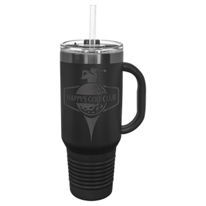 A NEW ION Plated Tumbler from Kodiak Coolers, featuring a custom "Happy's Golf Club" logo engraved in Ghost Black and Rose Gold, is a perfect promotional gift complete with a clear lid and straw.