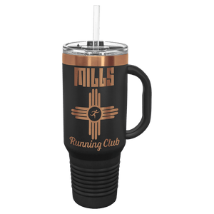 Introducing the NEW ION Plated Tumbler by Kodiak Coolers, designed with a sleek black finish and adorned with custom "Mills Running Club" text in rose gold. This travel mug features a convenient handle and straw, making it an ideal promotional gift for fans of custom drinkware who appreciate both style and functionality.